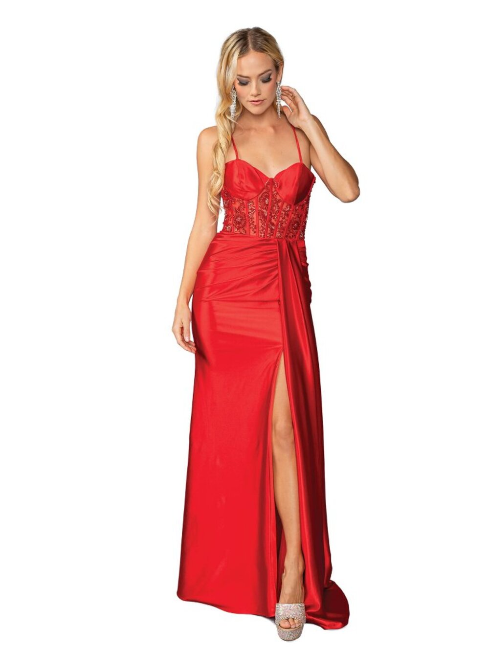 NEW RED Beaded Spaghetti Strap Prom Gown Floor Length With Slit 4439